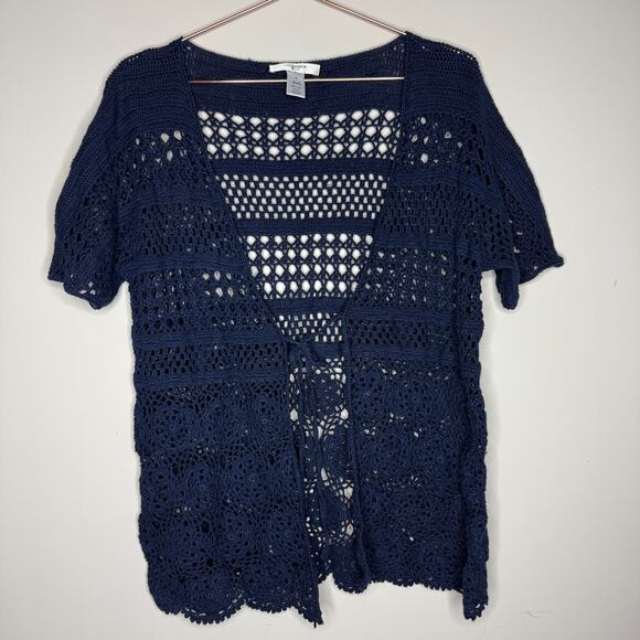 Liz Claiborne Womens Crochet Cardigan Medium Navy Phoebe Y2K Fairy Artsy Cottage - Picture 2 of 4